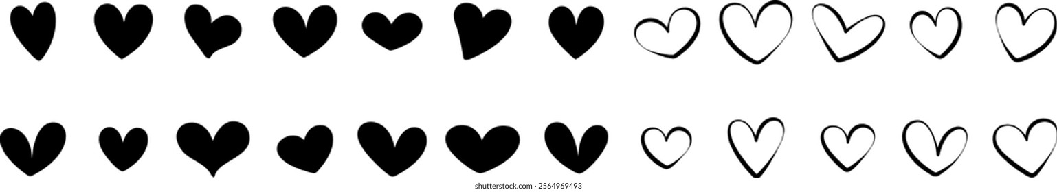 Set of black hearts, stylized hearts of different shapes isolated from the background. Valentine's Day hearts. Vector illustration. Symbols of love, romance and wedding