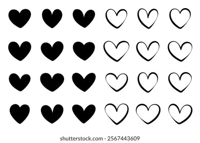 Set of black hearts, stylized hearts of different shapes on a white background. Hearts for Valentine's Day. Vector illustration. Love romance and wedding symbols