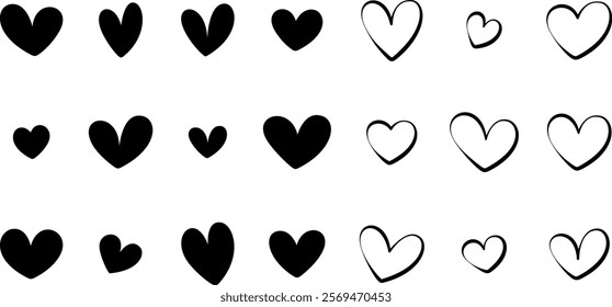 Set of black hearts, stylized hearts of different shapes isolated from the background. Valentine's Day hearts. Vector illustration. Symbols of love, romance and wedding