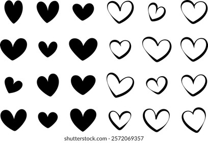 Set of black hearts, stylized hearts of different shapes isolated from the background. Valentine's Day hearts. Vector illustration. Symbols of love, romance and wedding