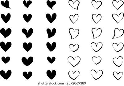 Set of black hearts, stylized hearts of different shapes isolated from the background. Valentine's Day hearts. Vector illustration. Symbols of love, romance and wedding