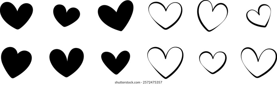 Set of black hearts, stylized hearts of different shapes isolated from the background. Valentine's Day hearts. Vector illustration. Symbols of love, romance and wedding