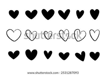 Set of black hearts, stylized hearts of different shapes on a white background. Hearts for Valentine's Day. Vector illustration. Love romance and wedding symbols