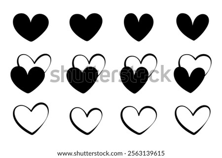 Set of black hearts, stylized hearts of different shapes on a white background. Hearts for Valentine's Day. Vector illustration. Love romance and wedding symbols