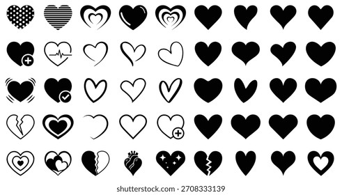 Set of black hearts vector icons. Hand drawn hearts. Collection of black heart icons. Romantic, medical, broken, outlined, and decorative styles. Love symbol set. Perfect for valentine’s day.