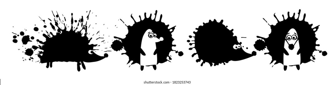 Set of black hedgehogs. A monochrome abstract hedgehog. T-shirt print. Vector illustration