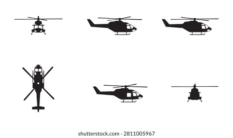 Set of black helicopter silhouettes in different angles for aviation illustrations. from multiple angles including side view and top view suitable for aerospace and flight themes.