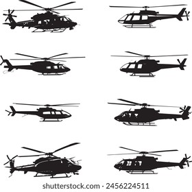 Conjunto de siluetas de helicóptero negro Ilustraciones vectoriales aisladas sobre fondo blanco