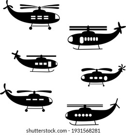 set of black helicopters silhouettes. 2d flat vector