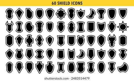 Set of black heraldic shield icon. Collection protection emblem. Vector illustration. White background.