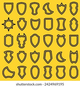 Conjunto de icono de contorno de escudo heráldico negro. Ilustración vectorial. Emblema con contorno de silueta de protección de colección.