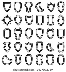Set of black heraldic shield outline icon. Vector illustration. Collection protection silhouette outline emblem.