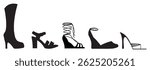 Set of black high heel shoes silhouettes isolated on white background.