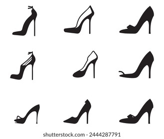 Set of black high heel shoes silhouettes isolated on white background.