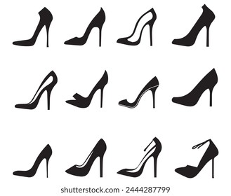 Set of black high heel shoes silhouettes isolated on white background.