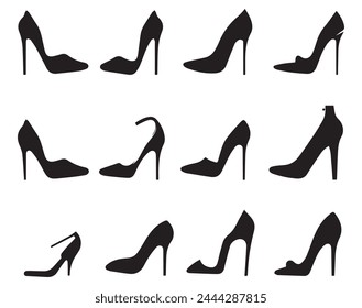 Set of black high heel shoes silhouettes isolated on white background.