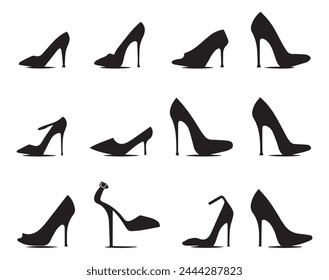 Set of black high heel shoes silhouettes isolated on white background.