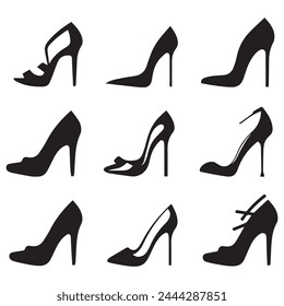 Set of black high heel shoes silhouettes isolated on white background.