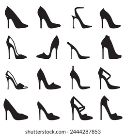 Set of black high heel shoes silhouettes isolated on white background.