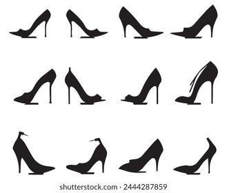 Set of black high heel shoes silhouettes isolated on white background.