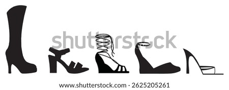 Set of black high heel shoes silhouettes isolated on white background.