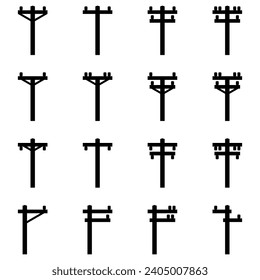 Set black high voltage power electric pole transmit electricity silhouette icon flat vector design