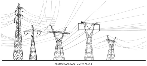 Set of black high voltage transmission systems. Electric pole, power lines, energy pylons collection. Silhouette vector set. A network of interconnected electrical. Vector design illustration.