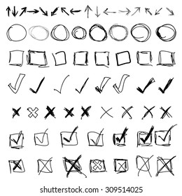 Set of black highlight circles, check marks, arrows, cross hand drawn elements. Vector EPS8 collection