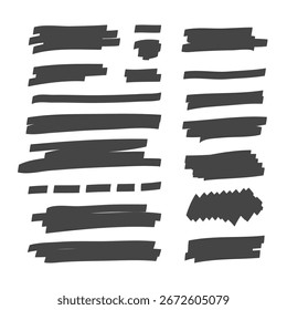 Set of black highlight marker strokes and ink smears. Hand-drawn vector brush lines, scribbles, and textures. Isolated on white for text highlight or grunge design.