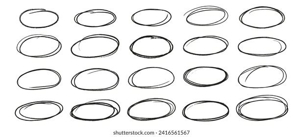 Set black highlight oval frames isolated on white background. Hand drawn various doodle brush stroke ellipses with grunge crayon texture. Empty for text.