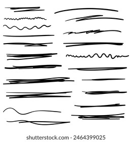 Set of black highlighter marker strokes. Vector brush pen underline lines.