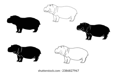set of black hippo silhouettes, Hippo Vector illustration, Hippopotamu isolated on white background