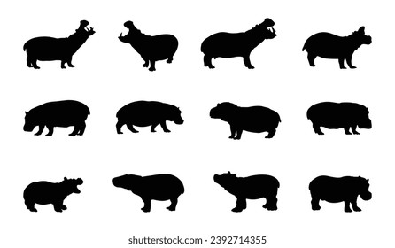 conjunto de siluetas de hipopótamo negro, ilustración de Hippo Vector, Hippotamu aislado sobre fondo blanco
