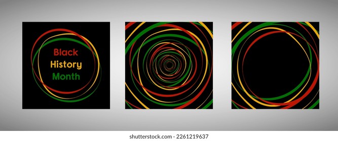 Set of Black History Month colorful covers on black background. Vector template design for greeting card, poster, web banner, social post, frame with round empty space for text
