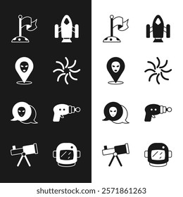Set Black hole, Alien, Moon with flag, Rocket ship, Ray gun, Astronaut helmet and Telescope icon. Vector
