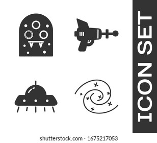 Set Black hole, Alien, UFO flying spaceship and Ray gun icon. Vector