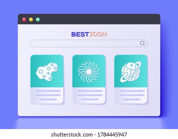 Set Black hole, Asteroid and Planet Saturn icon. Vector