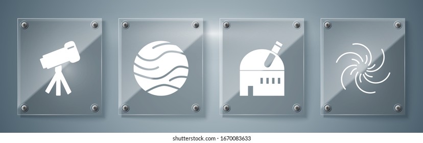 Poner agujero negro, observatorio astronómico, planeta y telescopio. Paneles de vidrio cuadrado. Vector