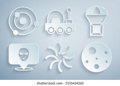 Set Black hole, Box flying on parachute, Alien, Planet Mars, rover and Solar system icon. Vector