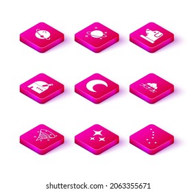 Set Black hole, Falling star, Astronomical observatory, Moon and stars, Great Bear constellation, Mars rover, Dog astronaut helmet and Planet icon. Vector