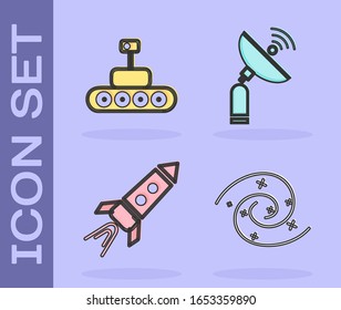 Set Black hole, Mars rover, Rocket ship with fire and Radar icon. Vector