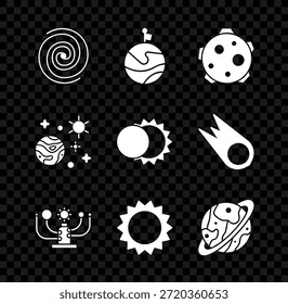 Definir buraco negro, Lua com bandeira, Planeta, Sistema solar, Sol, Saturno, Espaço e planeta e Eclipse do ícone do sol. Vetor