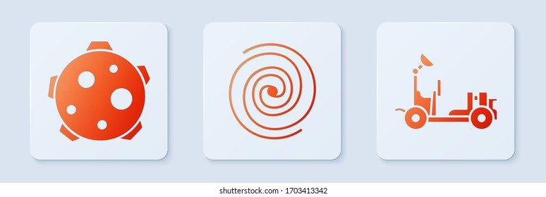 Set Black hole, Planet and Mars rover. White square button. Vector