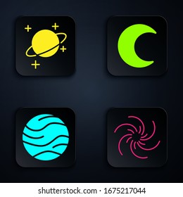 Set Black hole, Planet, Planet and Moon and stars. Black square button. Vector