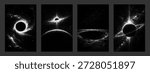Set of black hole and planets with rings on stipple textured space backgrounds. Galactic cosmic art for science and astronomy concept.