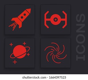 Set Black hole, Rocket ship with fire, Cosmic ship and Planet icon. Vector