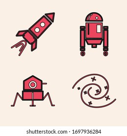 Set Black hole, Rocket ship with fire, Robot and Mars rover icon. Vector