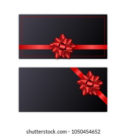 Set of black holiday gift card with red ribbon and bow. Template for a business card, banner, poster, notebook, invitation. Vector illustration for your design