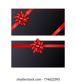 Set of black holiday gift card with red ribbon and bow. Template for a business card, banner, poster, notebook, invitation. Vector illustration for your design