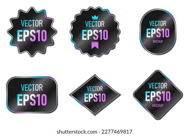 Set of black holographic stickers of different shapes isolated on white background. Templates of colored paper tags, emblems, labels. Vector illustration.